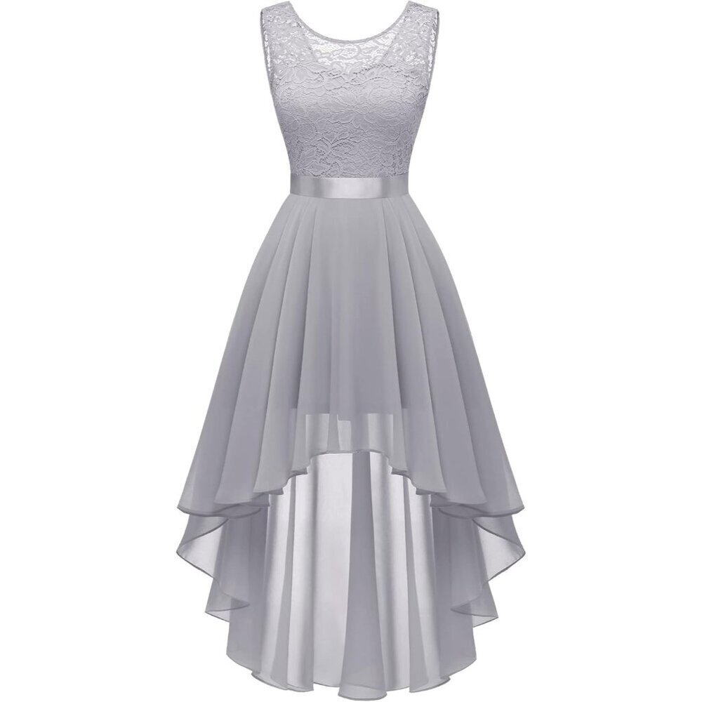 BeryLove Women Grey Chiffon Scoop Neck Sleeveless Lace Cocktail Dress